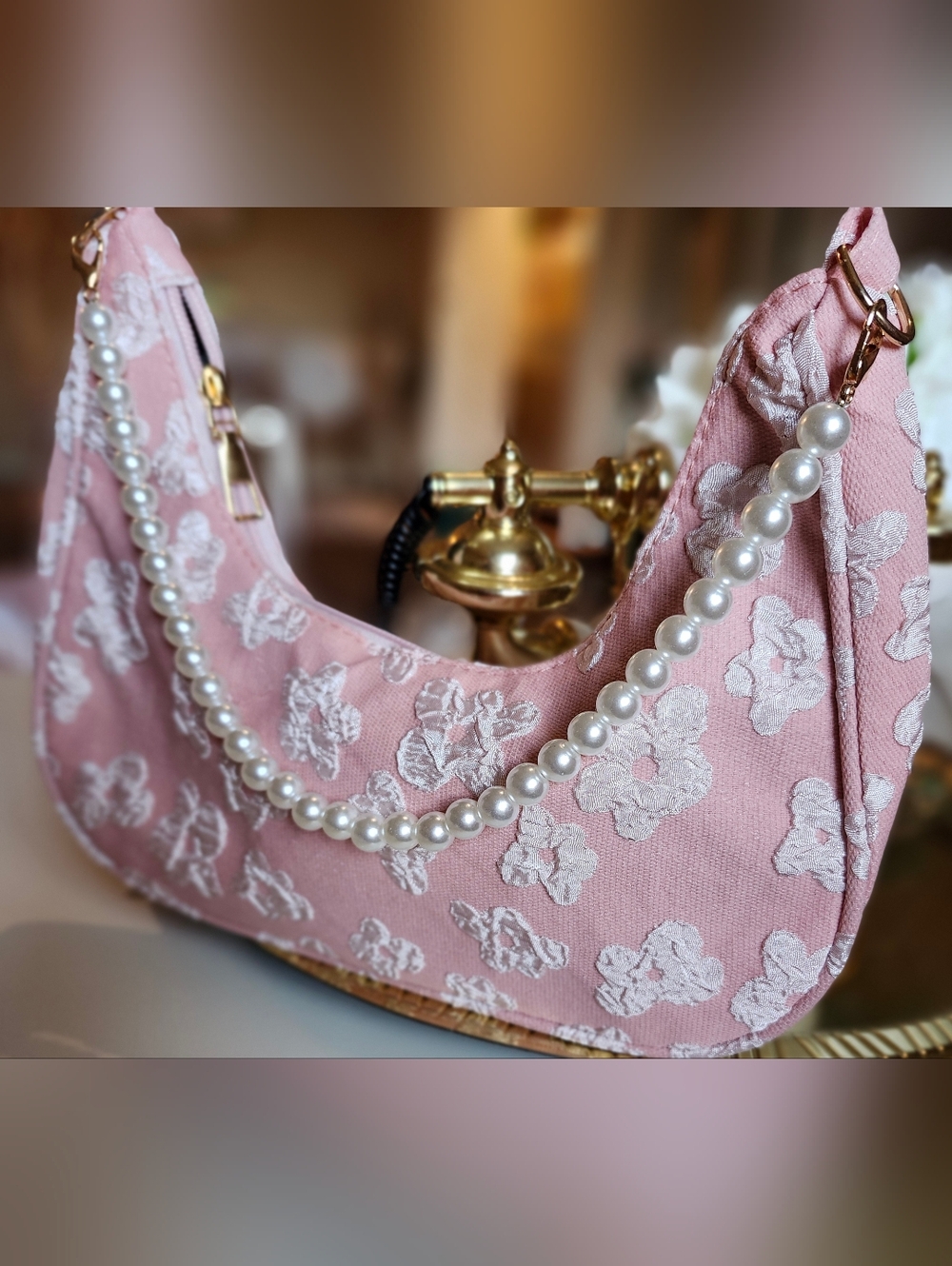 Pearl-Handle Pink Floral Shoulder Bag